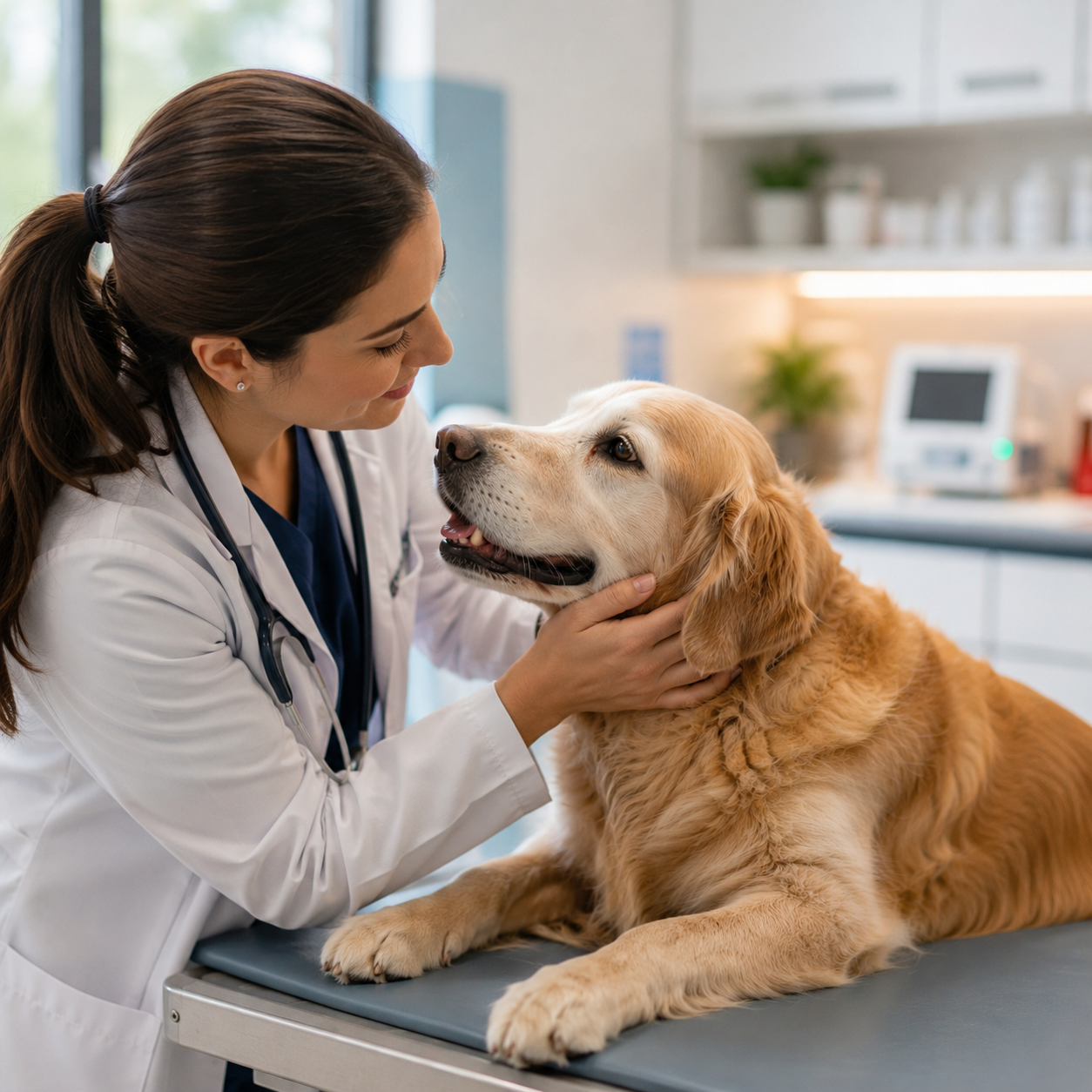 Doctora veterinaria atendiendo cariñosamente a un perro senior de raza Golden Retriever